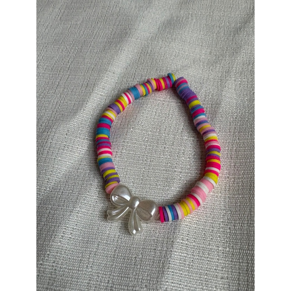 Handmade Multicolor Heishi Bead Stretch Bracelet with Pearly Bow Charm